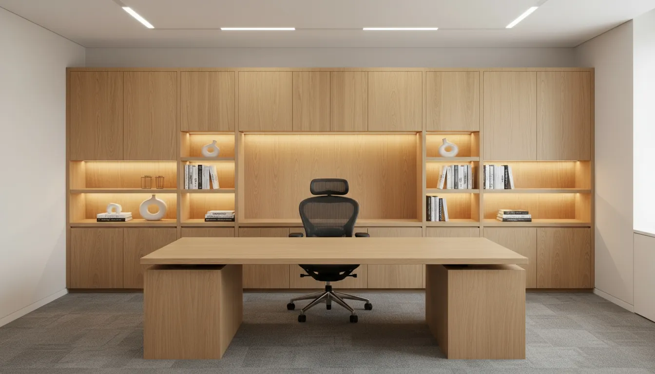 Gorgeous transitional CONNECT custom private office built by Office Furniture Connection with light wood laminate sit-stand desk, built-in wall unit with credenza, overhead and wardrobe storage, and black task chair.