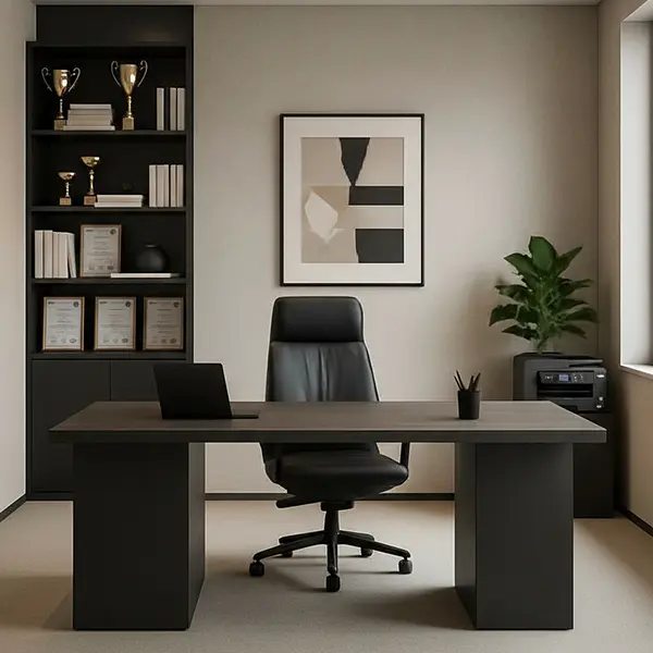 New CONNECT series executive desk with premium black leather chair, tall bookshelf displaying trophies, books, framed certificates, modern abstract art, and potted plant in bright professional office – new executive office furniture for sale Houston TX at Office Furniture Connection.