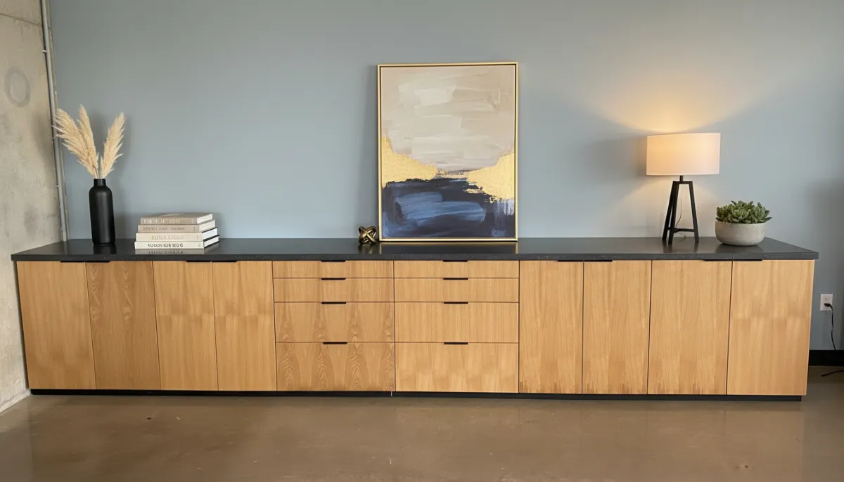 Elegant 20-foot executive storage credenza from OFC CONNECT Series in light oak wood laminate with matte black stone top, multiple drawers, doors, and decorative styling – premium modern office storage and buffet solutions by Office Furniture Connection Houston TX.