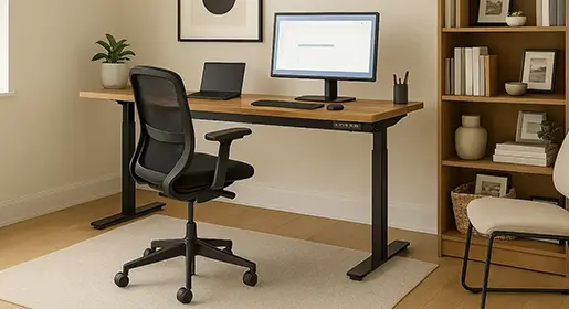 Modern home office with adjustable height wood-top desk, black ergonomic mesh task chair, tall wood bookcase, laptop and monitor setup, natural light, and neutral decor for productive remote work. Discover Office Furniture Environments.