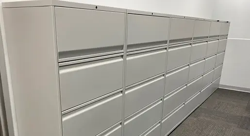 Eco-friendly OFC remanufactured metal warm grey lateral files 5-high with open-plan filing areas