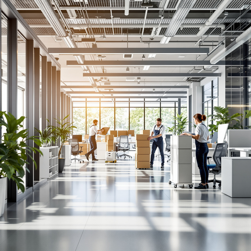 Bright modern office during relocation: crew packing workstations and task chairs for moves, storage & reconfigurations – full-service furniture rentals, warehousing and stress-free corporate office relocations.