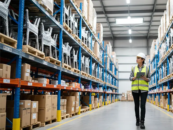 Facilities professional conducting inventory of office chairs and furniture in organized warehouse facility – comprehensive facility services including storage, asset management and waste-diverted logistics for corporate moves.