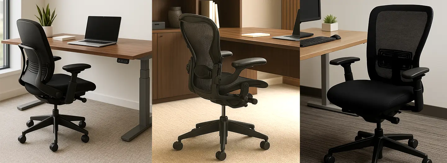 Three refurbished premium black fabric task chairs from Office Furniture Connection – Herman Miller Aeron, Haworth Zody, and Steelcase Leap – fully reconditioned ergonomic office chairs; features can include adjustable arms, lumbar or PostureFit support, seat depth sliders, synchro-tilt mechanisms, breathable mesh or fabric finishes, and sustainable elements like ocean-bound plastic, Ready for immediate delivery.