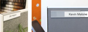 Two close up images of cubicle panels with metal and plastic name plates. The use name from the TV show, The Office, on the examples.