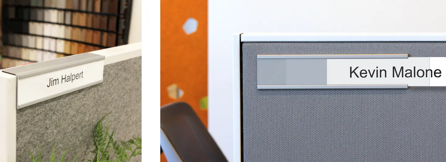 Two close up images of cubicle panels with metal and plastic name plates. The use name from the TV show, The Office, on the examples.
