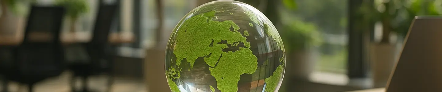 A zoomed in glass globe with green continents in the middle and a computer to the left with blurry office landscape around it. Office Furniture Connection works in the circular economy to provide a cleaner planet.
