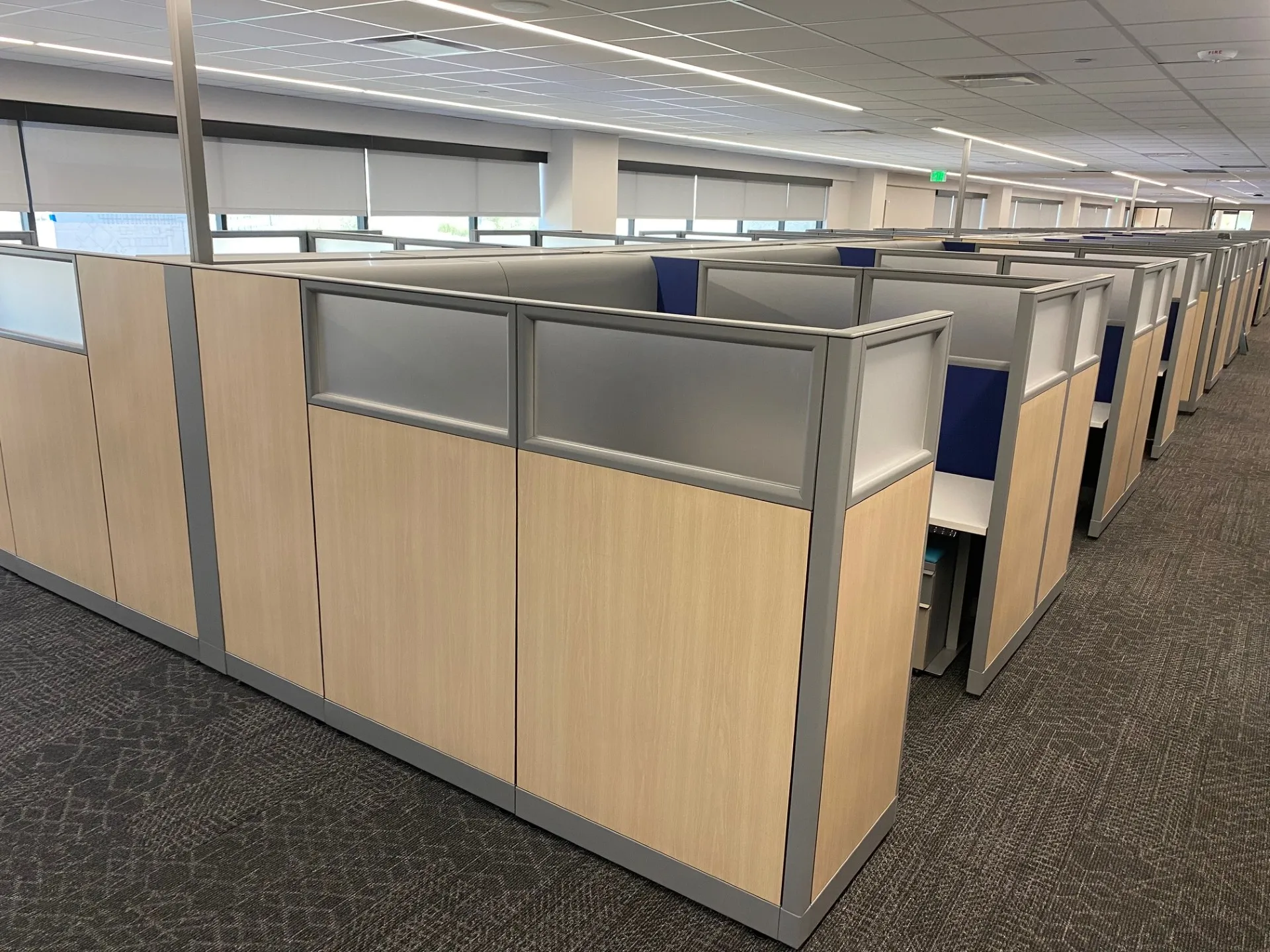 Two rows of remanufactured Knoll Morrison cubicles, 64"h wood laminate panels topped with 16" frosted glass, white laminate worksurfaces, and box/file mobile pedestal, and power poles bring power and data from ceiling to center line of panels