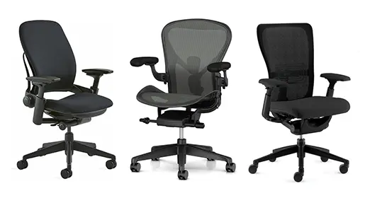 Office Furniture Connection's collection of refurbished ergornomic task chairs including the premium Steelcase Leap chair, the Herman Miller Aeron chair (3 sizes) and the Haworth Zody chair. Shown here in all black fabrics, mesh, with adjustable arms and seating options. Castors and base are also black.