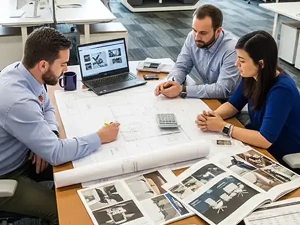 Dedicated project management team reviewing space plans, furniture layouts and timelines at conference table – full-service coordination for seamless office furniture decommissioning, relocation and sustainable reinstallation projects.
