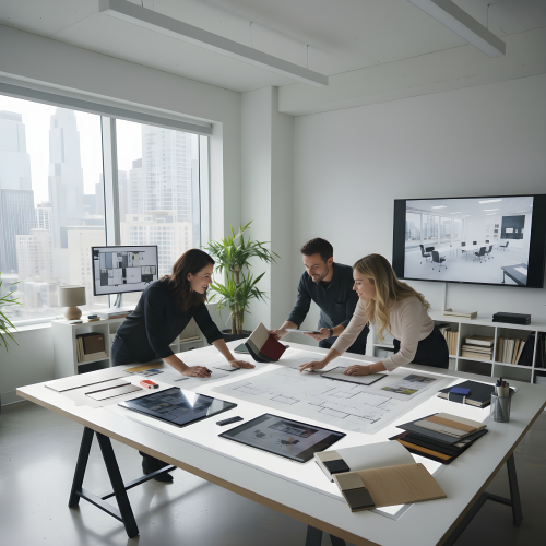 Professional space planning session with designers reviewing blueprints on large drafting table in modern office with city views for optimized workplace layout design.