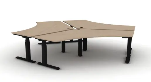 OFD 120-degree three-pack height-adjustable sit-stand workstation pod in light maple laminate tops, black electric bases, shared cable management – ergonomic collaborative standing desk cluster for modern open office from Office Furniture Connection Houston TX.