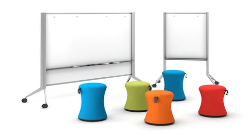 Two AIS Mobile Whiteboards on wheels with integrated Global softpod and colorful modular soft seating against a white background – ideal collaborative breakout zone and writable meeting hub for modern open-plan offices by Office Furniture Connection Houston TX.