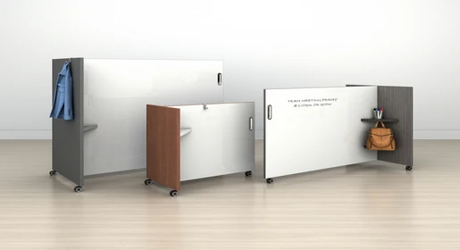 AIS Tri-Wheel Mobile Whiteboard : Multi-functional rolling marker board room dividers with integrated coat hooks, wood-grain storage shelves, accessory trays, and dual-sided dry-erase surfaces – ideal hybrid privacy screen and collaboration station from Office Furniture Connection Houston TX.
