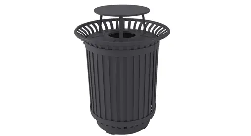 Modern outdoor trash bin with slatted black steel design, integrated ash tray lid, and high-capacity cylindrical shape – durable weather-resistant waste receptacle for office patios and commercial spaces from Office Furniture Connection Houston TX.