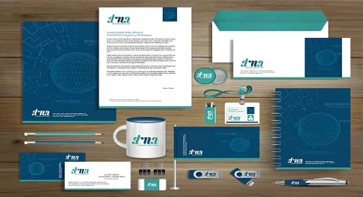 OFC partner, Dipuma printing provides complete corporate branding package featuring custom letterhead, envelopes, business cards, mugs, lanyards, and USB drives in cohesive blue design – premium office identity and promotional signage items from Office Furniture Connection Houston TX.