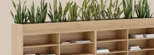 Light oak CONNECT series planter divider wall with thriving snake plants growing from built-in top planter box and lower open shelving for books and decor – new office greenery planters and room dividers for sale Houston TX at Office Furniture Connection.