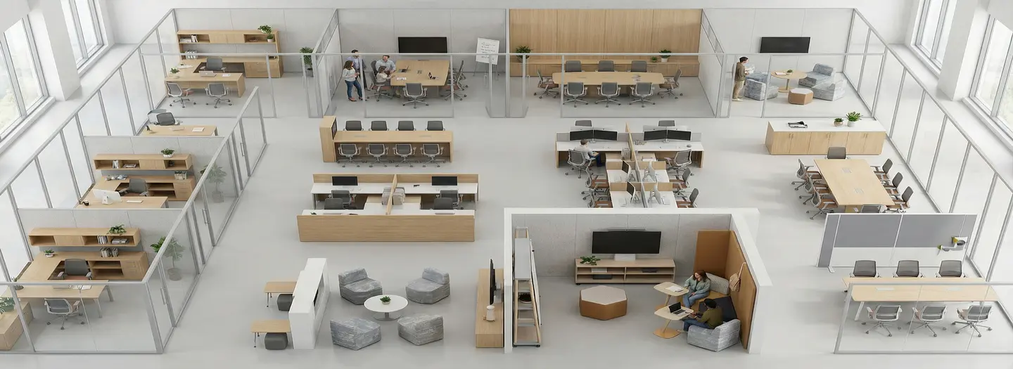 Open-plan office furniture layout featuring a reception desk, height-adjustable wood accented workstations, ergonomic task chairs, media tables, and meeting areas framed by confernece and training rooms around exterior walls – ideal for outfitting dynamic corporate offices or hybrid workspaces.