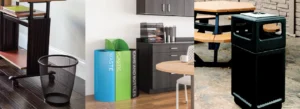 Modern office trash and recycling collection featuring black mesh wastebaskets, colorful dual & triple-stream bins, stone-accent outdoor receptacles, and slatted ash-top containers – complete sustainable waste management solutions for Houston workplaces from Office Furniture Connection TX.