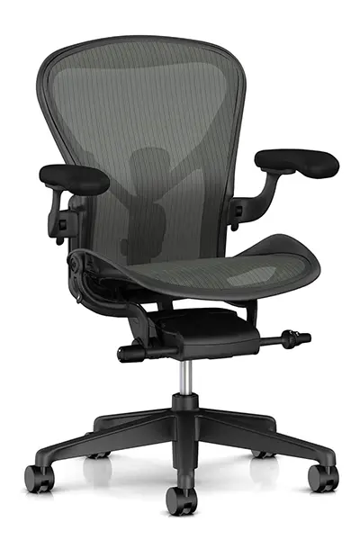 Refurbished Herman Miller Aeron black fabric task chair available at Office Furniture Connection – fully reconditioned iconic ergonomic chair; features can include adjustable arms, PostureFit or lumbar support, seat depth slider, tilt limiter, breathable Pellicle mesh suspension, and sustainable ocean-bound plastic with over 50% recycled content for eco-conscious comfort.
