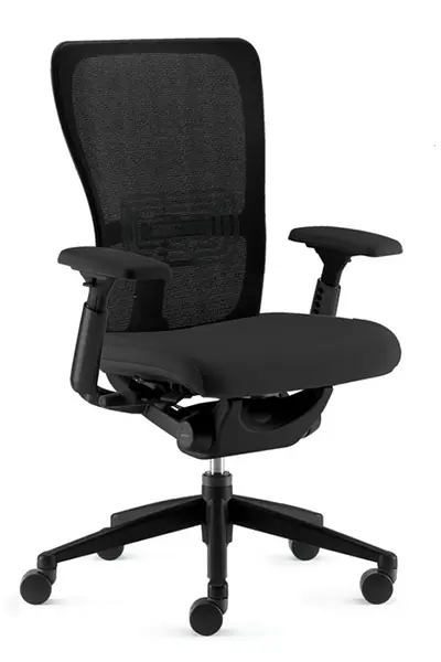 Refurbished Haworth Zody black fabric task chair offered through Office Furniture Connection – expertly restored high-performance chair; features can include height/width-adjustable arms, pelvic and lumbar support system, synchro-tilt, seat depth adjustment, fabric or mesh back options, and Cradle to Cradle certification for sustainable, low-emission design.