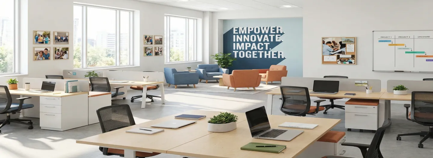 Vibrant, light filled open office plan for a charity environment with benching desks and tables with optional privacy accents, each with pedestal filing and ergonomic mesh back colorful seat task chairs. Lounge area with large comfy guest seating for collaboration