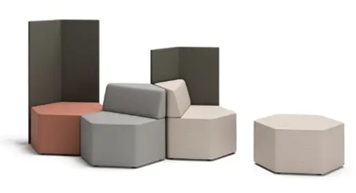 OFS Hex honeycomb modular lounge chair with reconfigurable perforated shell and eco-fabric options – dynamic third-space office collaboration and social lounge seating