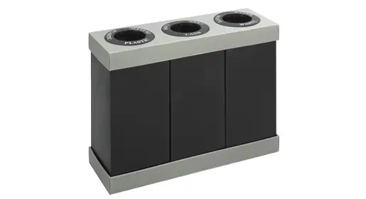 Sleek triple-stream recycling bin with black and gray finish, three round openings, and removable liners – premium indoor waste and recycling solution for high-traffic office lobbies and breakrooms from Office Furniture Connection Houston TX.