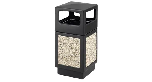 Contemporary square outdoor trash receptacle with stone aggregate panels and black steel frame, dual openings for easy disposal – stylish and sturdy commercial waste bin for modern business exteriors by Office Furniture Connection Houston TX.
