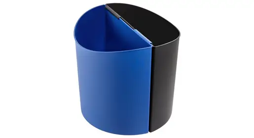 Dual-compartment waste and recycling bin in vibrant blue and black with curved modern design – space-saving office recycling station for desk-side or breakroom sustainability from Office Furniture Connection Houston TX.