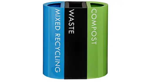 Colorful three-compartment recycling station in blue, black, and green with large labeled openings for mixed waste, recycling, and compost – eco-friendly office waste sorting bins for sustainable workplaces by Office Furniture Connection Houston TX.