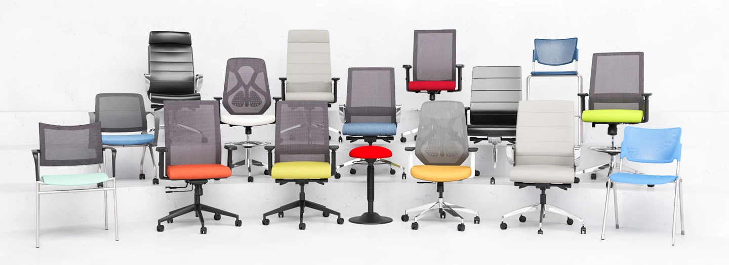 A variety of seating placed on three tiers with white background. Seating includes task, cafe, conference, stool, guest, lounge, and training chairs.