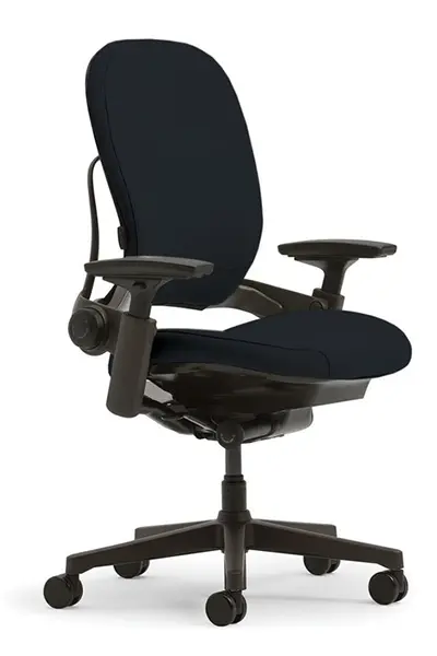 Refurbished Steelcase Leap black fabric task chair sold by Office Furniture Connection – meticulously reconditioned with LiveBack technology; features can include adjustable arms and seat depth, variable back stop, lumbar support, tilt tension control, reupholstered fabric or mesh finishes, and CarbonNeutral® certification with recycled content for reduced environmental impact.