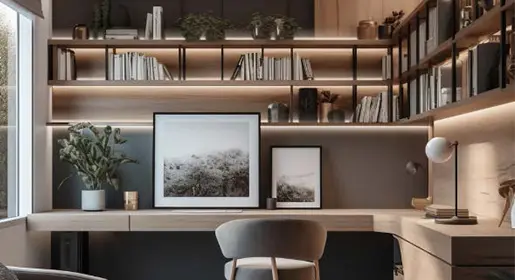 Contemporary wood desk with integrated warm LED strip lighting on floating shelves, and natural greenery – stylish ergonomic home and executive office lighting by Office Furniture Connection Houston TX.