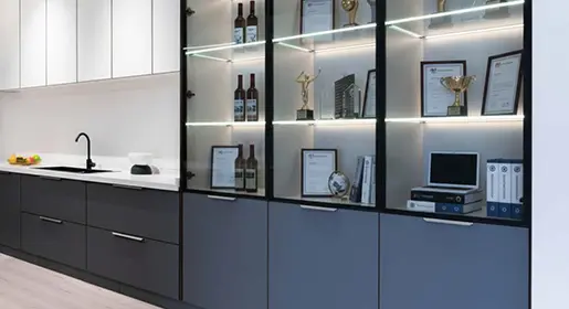 Elegant black-framed glass display cabinet with integrated LED shelf strip lighting showcasing trophies, awards, and wine bottles – luxury executive office accent illumination by Office Furniture Connection Houston TX.