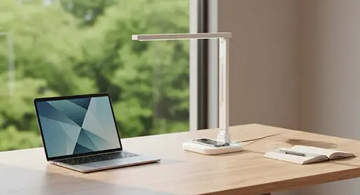 Slim white LED task light with wireless charging base and touch dimming, casting clean light over laptop and open notebook near window – advanced ergonomic sit-stand desk illumination from Office Furniture Connection Houston TX.