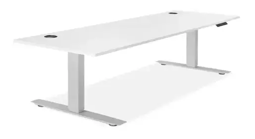 Office furniture accessories such as electric sit-stand desk converters and full-height adjustable bases with anti-collision sensors and memory presets for health-focused executive and open-plan hybrid workstations.
