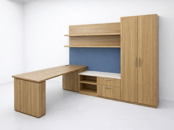 CONNECT Custom L-shaped private office with sit stand desk, modesty panel, lateral filing, overhead shelving with task light and fabric covered tackboard. Open shelving and storage wardrobe in wood laminate. Unlimited options through the millwork shop at OFC
