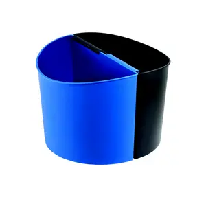 Circular Safco side receptacle split into two bins; a blue one for recycling and a black one for trash. An easy way to keep work areas clean and recycling efforts easy.