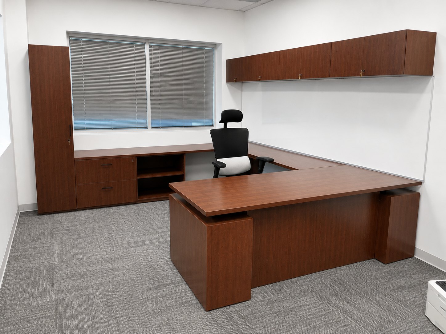 CONNECT Custom private office: all-new laminate U-desk, wardrobe tower, lateral files and overhead storage designed and built in-house in Houston