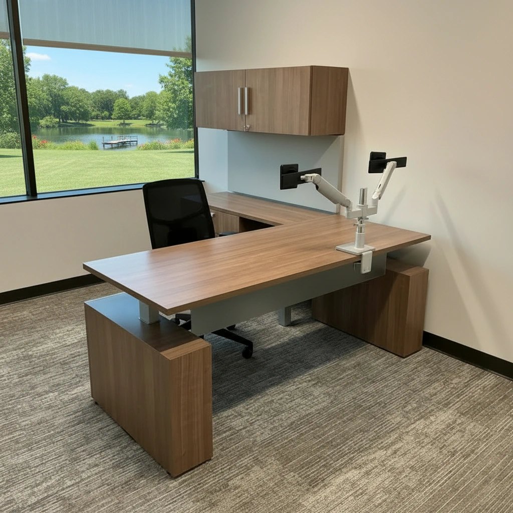 Walnut laminate height-adjustable L-desk with overhead cabinet and monitor arms