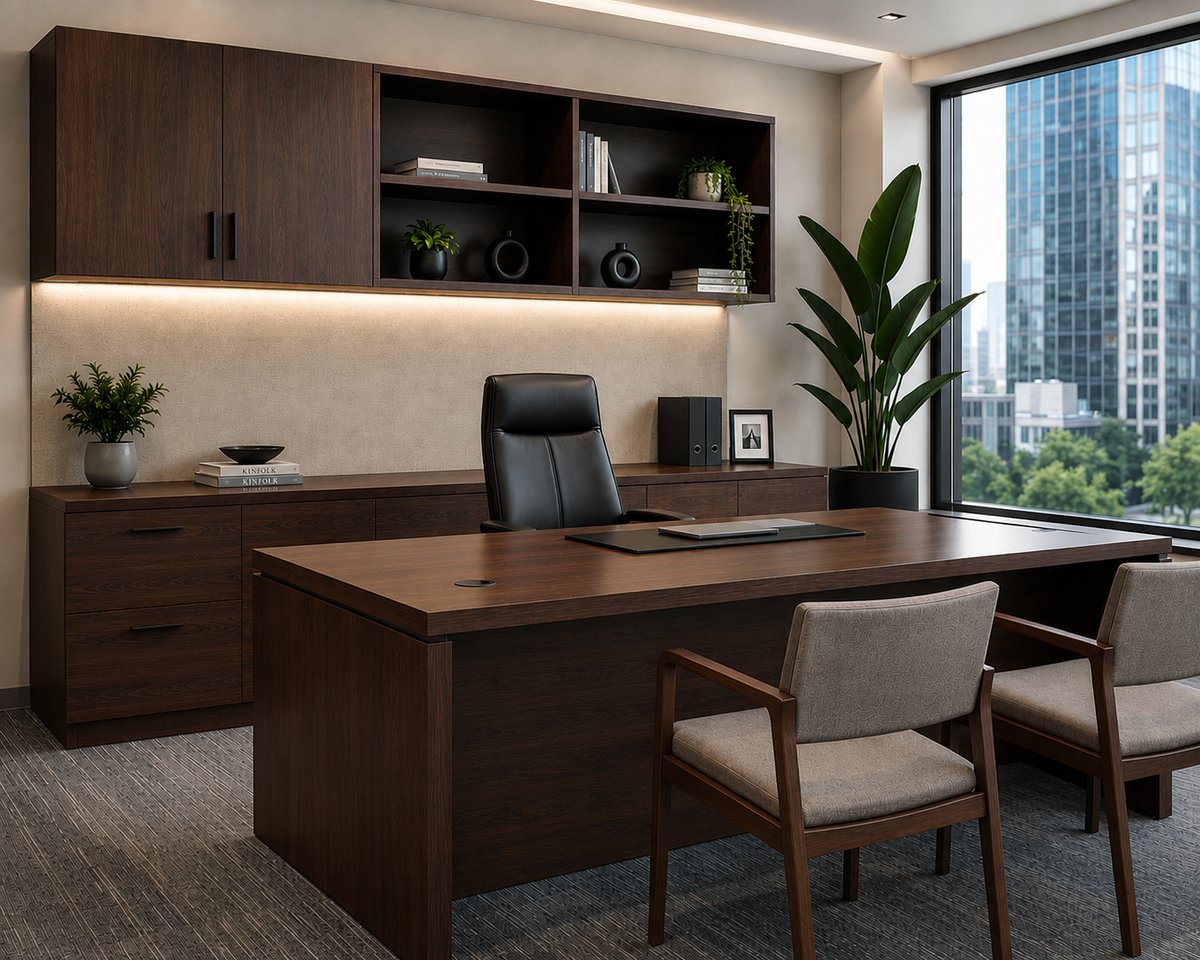 Custom office millwork private office with built-in desk and cabinets in Houston, TX