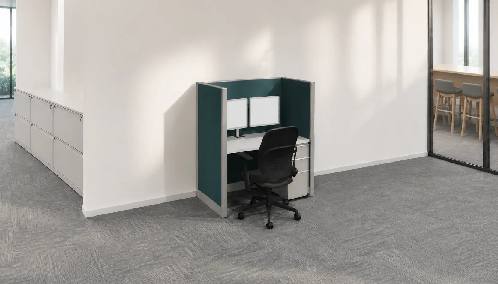 3D rendering of 1 Knoll Morrison remanufactured office furniture cubicle: 4' x 2' 56" high teal fabric panels, grey worksurface and trim with dual monitor arm and box/box/file pedestal used for call centers and hybrid working. A refurbished Steelcase Leap chair in black fabric completes the workstation.