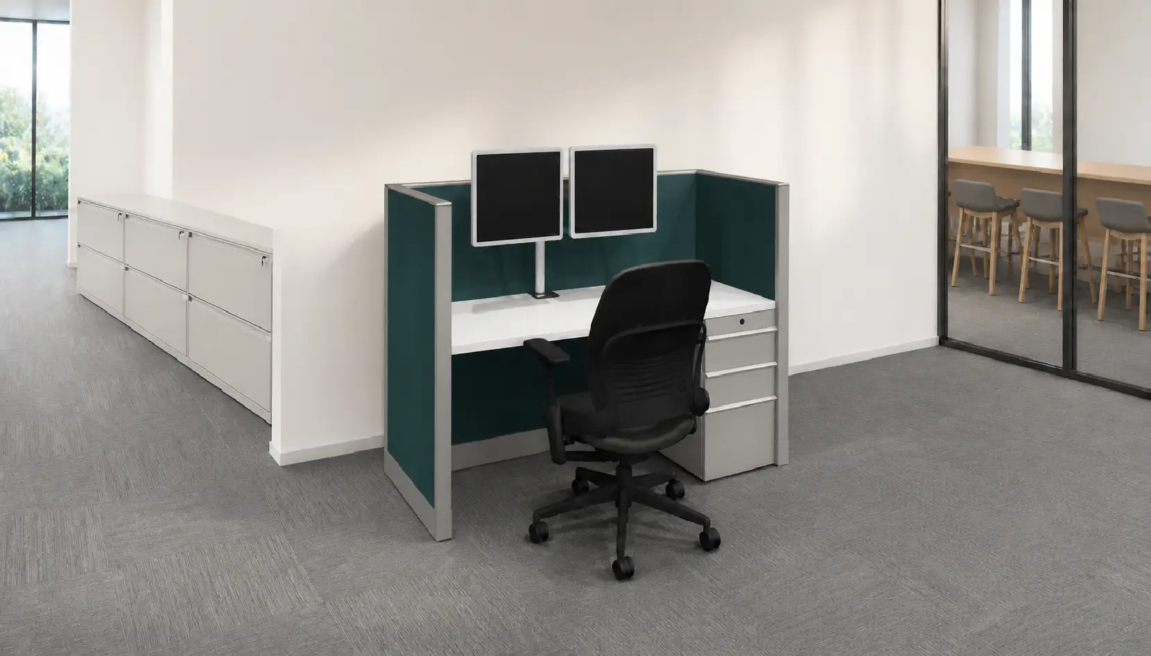 3D rendering of 1 Knoll Morrison remanufactured office furniture cubicle: including 5' x 2' 48" high teal fabric panels, white worksurface and trim with dual monitor arm and box/box/file pedestal used for call centers and hybrid working. A refurbished Steelcase Leap chair in black fabric completes the workstation.