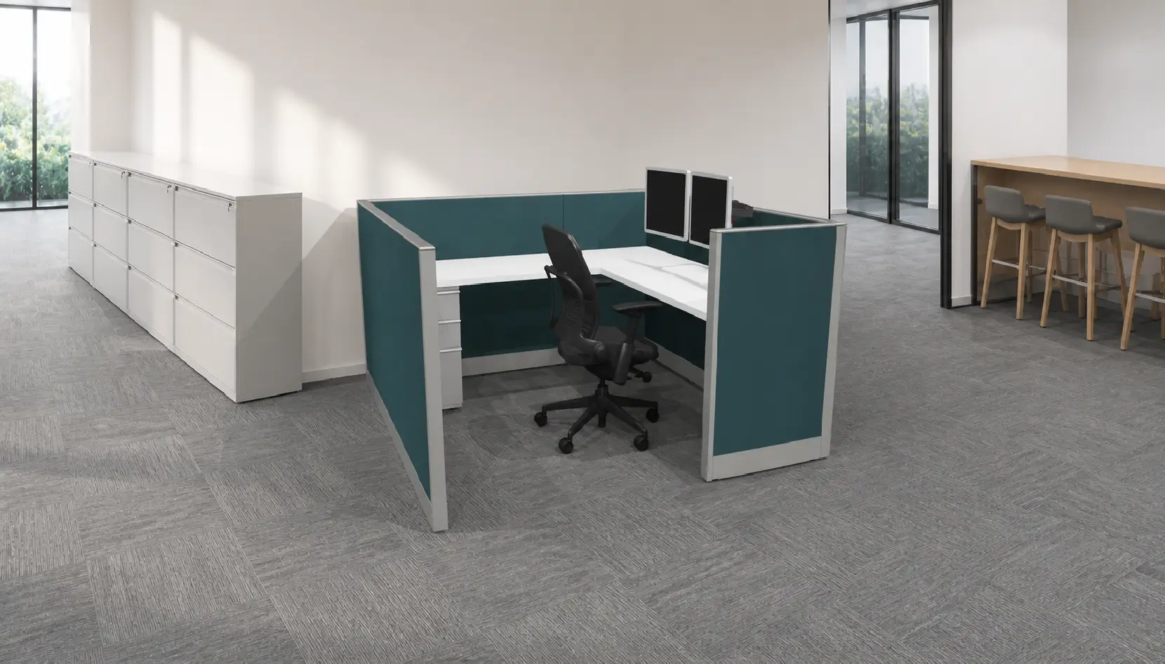 3D rendering of 1 Knoll Morrison remanufactured office furniture cubicle: including 6' x 6' 42" high teal fabric panels, white worksurfaces and trim with dual monitor arm and box/box/file pedestal. A refurbished Steelcase Leap chair in black fabric completes the workstation.
