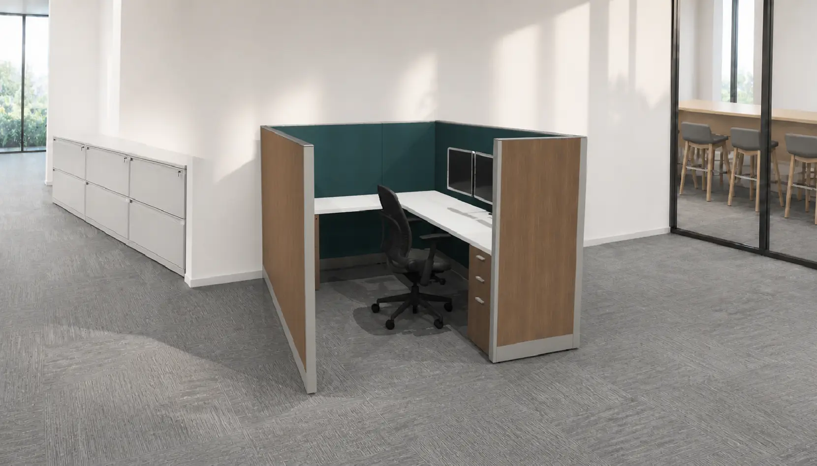 3D rendering of 1 Knoll Morrison remanufactured office furniture cubicle: 6' x 8' 56"h wood lam. panels, white worksurfaces with dual monitor, box/box/file and file/file pedestals. A refurbished Steelcase Leap chair in black fabric completes the workstation.