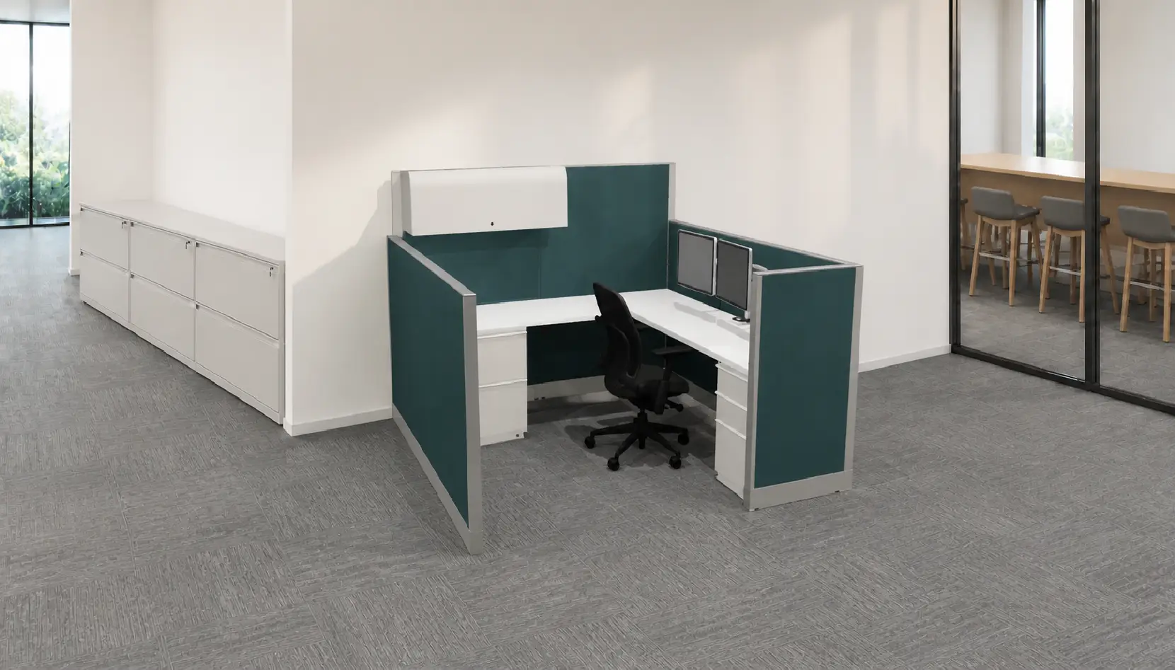 3D rendering of 1 Knoll Morrison remanufactured office furniture cubicle: 7'x7' 64"H, Hi-Lo to 48", teal fabric panels, white worksurfaces with dual monitor, box/box/file, 2-dwr lateral file and closed, lockable overhead strorage. A refurbished Steelcase Leap chair in black fabric completes the workstation.