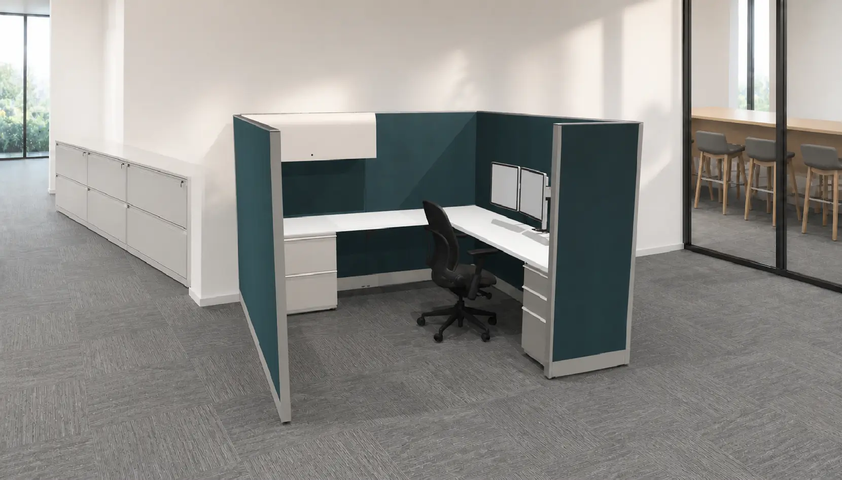 3D rendering of 1 Knoll Morrison remanufactured office furniture cubicle: 8'x8' 64"H with teal fabric panels, white worksurfaces with dual monitor arm, box/box/file, 2-dwr lateral file and closed, lockable overhead strorage. A refurbished Steelcase Leap task chair in black fabric completes the workstation.