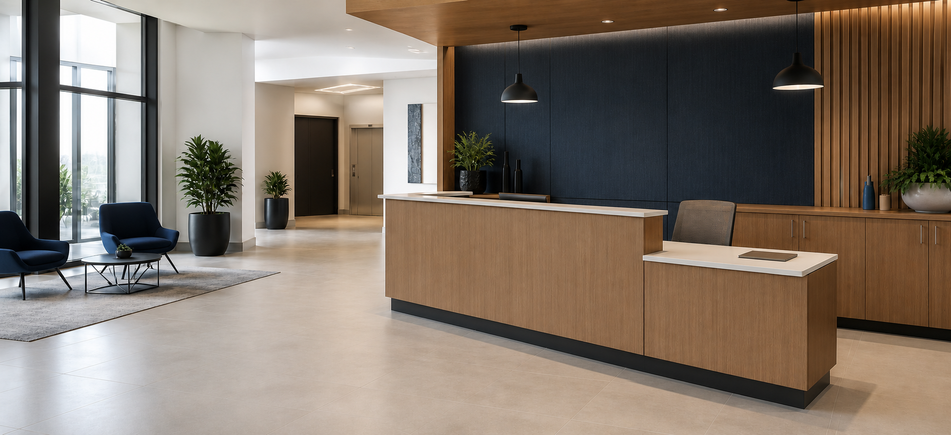 Modern accessible commercial office reception desk with integrated storage