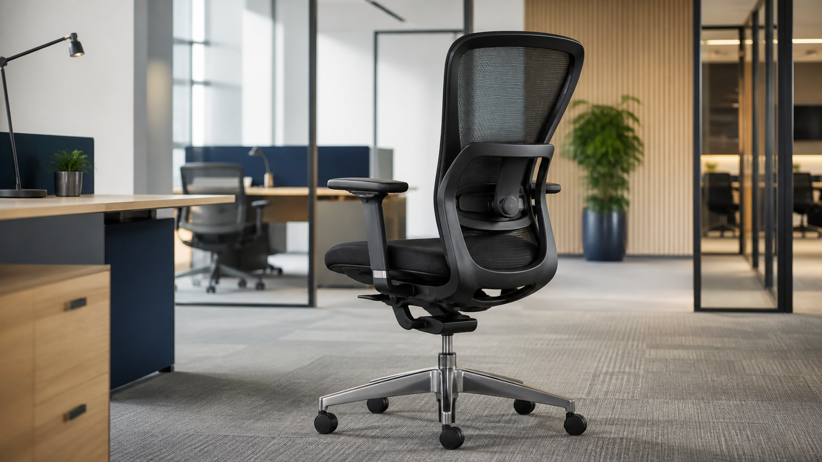 Premium ergonomic office chair in a modern commercial workplace